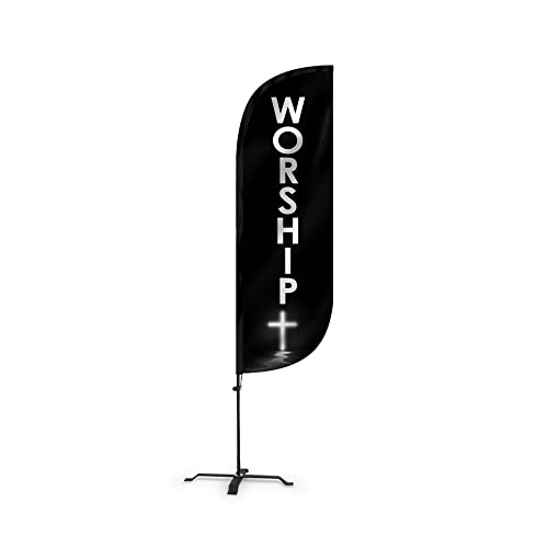 LookOurWay Feather Flag Set - 5ft Tall Advertising Banner Flag with Pole Kit and X-Stand for Business Promotion - Worship Church