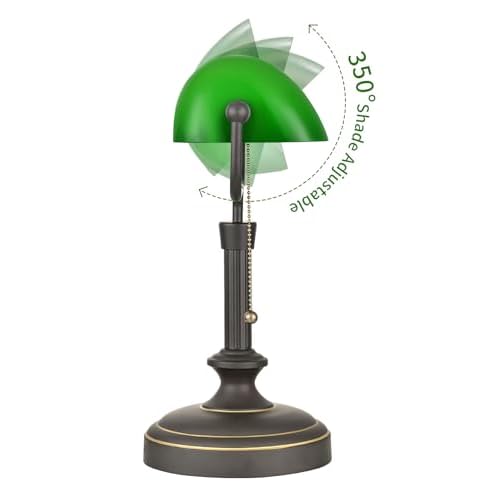 Traditional Banker's Desk Lamp with Glass Shade,Pull Chain Switch, LED Bulb Included (Antique Black+Green)