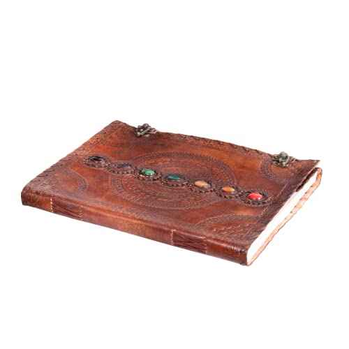 Leather Unlined Bound Journal 13 x 10 inches Large Rustic Diary Seven Chakra Medieval 7-Stone Embossed Handmade Sketchbook Vintage Writing Notepad (200 Pages)