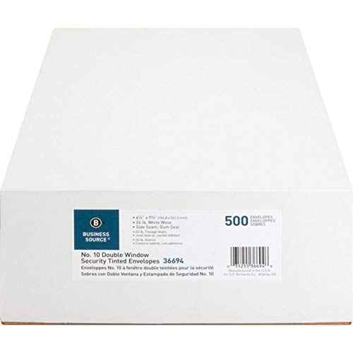 Business Source #10 Envelopes with Security Tint, Double Windows, 9.5" x 4.125", White, 500 Count