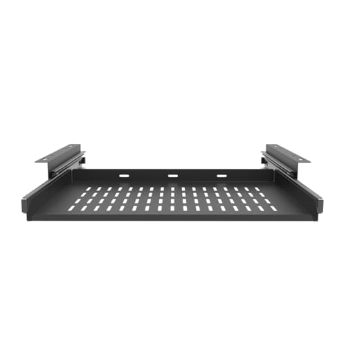 JINGCHENGMEI Sliding Under Desk Laptop Mount Shelf with Air Vents, W 16.3" x D 12" Metal Under Desk Slide Out Tray for Laptop (16 Inch Wide)