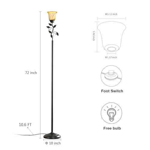 72¡± Flower Farmhouse Floor Lamp for Living Room, Unique Rustic Leaf Tall Standing Lamp with Amber Glass Shade and Traditional Foot Switch for Bedroom, Corner, Office, Bulb Included (Bronze)