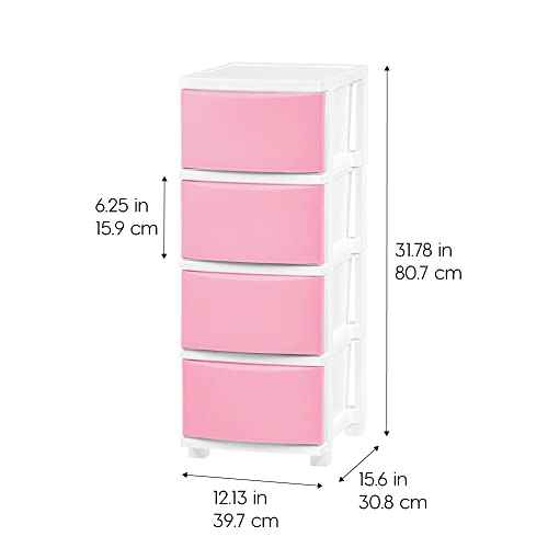 IRIS USA Plastic Drawer Storage Organizer, 4-Drawers, for Classroom Art Supplies Bathroom Dorm Bedroom Laundry Room, Slim Narrow, White Frame with Matte Pink Front Panels