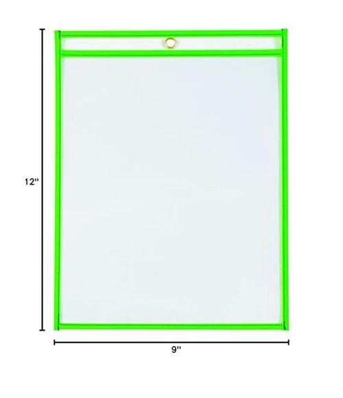 BOX USA Neon Stitched Job Ticket Holders, Top Loading, 9 x 12", Clear with Neon Green Edging, Reusable Vinyl, Dry Erase, Use to Protect/Store Documents in The Office and Warehouse, Case of 15