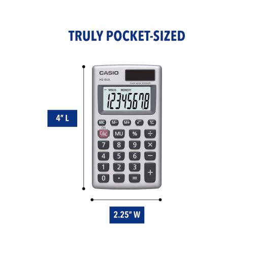 Casio HS-8VA Mini Solar-Powered 8-Digit Pocket Calculator - Pack of 1