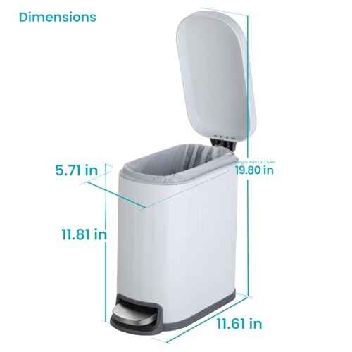 Home Zone Living 2-Pack 1.3 Gallon Small White Bathroom Trash Can with Lid and Step Pedal, Stainless Steel Wastebasket with Slim Ribbed Design for Home and Office, 5 Liters