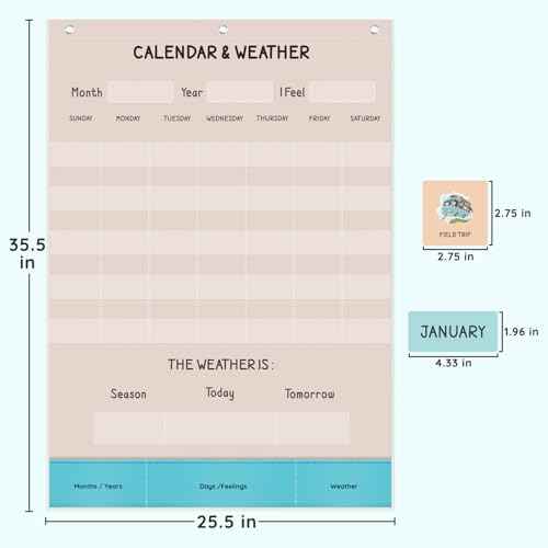 Calendar and Weather Pocket Chart for Classroom, 35¨ö" x 25¨ö" Large Boho Calendar for Kids, Toddler Learning Activities Chart, Homeschool and Teacher Essentials 114 Cards