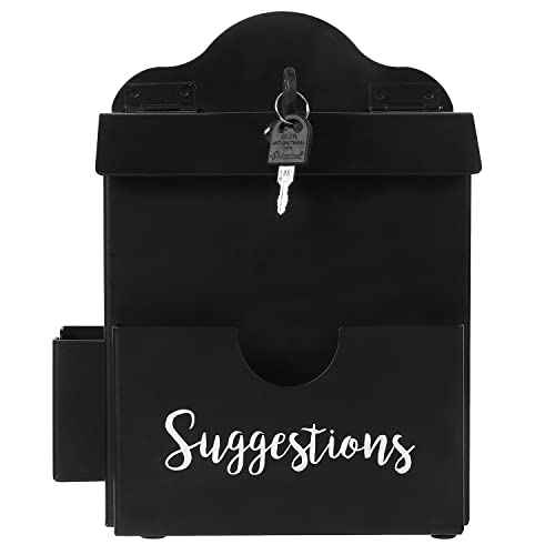 MyGift Classic Matte Black Metal Suggestion Box with Cursive Suggestions Lettering, Wall Mounted or Tabletop Comment Box with Lock, Keys, Paper Sheet and Pen Holder Slots
