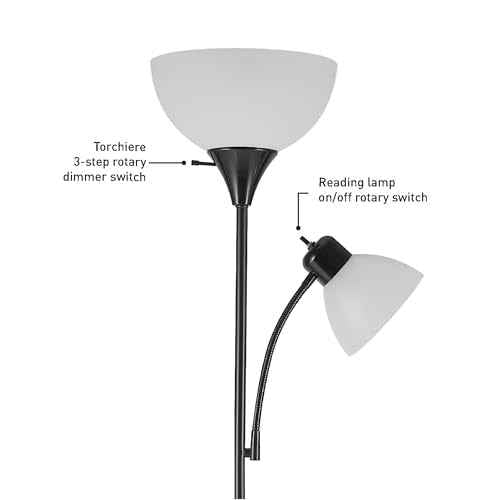 GLOBE Electric 67135 72" Torchiere Floor Lamp and Adjustable Reading Light, Matte Black, Frosted Shade, Dual Rotary Switch, 3-Step Dimming, Modern Lighting for Living Room or Office