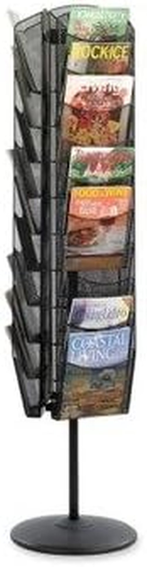 Safco Onyx Magazine Holder - Rotating Mesh Display Rack with 30 Pockets, Black Steel Construction