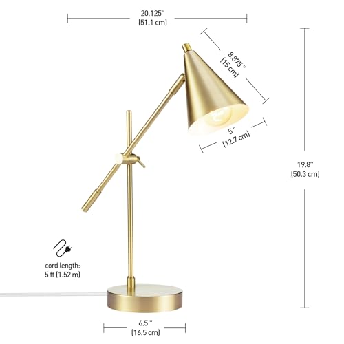 GLOBE Electric x Novogratz 52887 18" Desk Lamp, Matte Brass Finish, Adjustable Height, Balance Arm, Rotary Switch on Shade, Modern Lighting for Bedroom or Office, E26 Base 50W Bulb