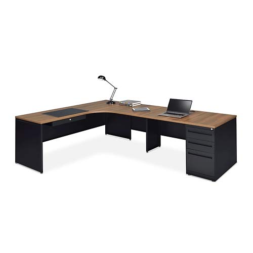 NBF Carbon L Shaped Executive Office Desk with Hutch - Durable Laminate Computer Desk with 3 Drawers - Modern Desk with Storage and Cabinet - Work Desk with Right Return (72" W x 96" D, Gray, Maple)