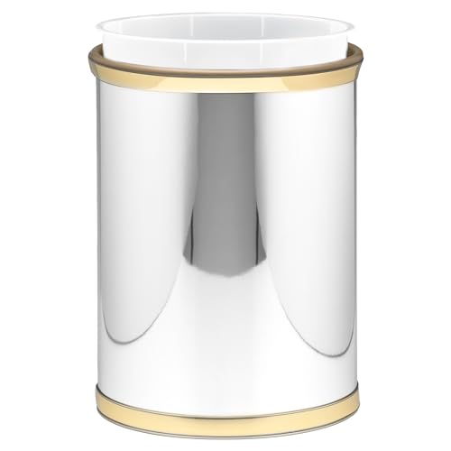 Kraftware Mylar Collection Wastebasket with Plastic Liner, adds Luxurious Style to the Home or Office, Bathroom or Bedroom, 13 Quart, 2 piece set with Liner for Easy Cleanup, Chrome w Gold Trim