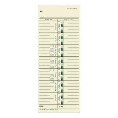 TOPS Time Cards, Weekly, 1-Sided, Replaces M-33, 10-800292, 3-1/2" x 9", Manila, Green Print, 100-Count (12593)