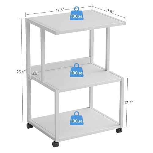 Mexin White 3 Tier Printer Table with Wheels, Industrial Rolling Cart with Storage Shelf for Scanner Fax, Home Office Use, 17.5 x 11.8 Inches
