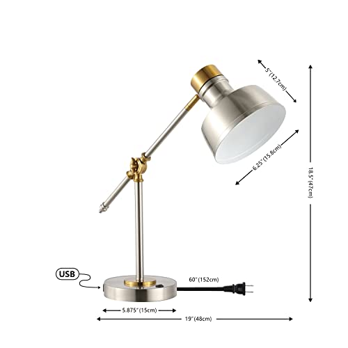 JONATHAN Y JYL7124B Allegra 18.5" Adjustable Cantilever LED Task Lamp, USB Charging Port, Classic, Coastal, Industrial, Farmhouse, Traditional for Bedroom, Living Room, Office, Nickel/Brass Gold
