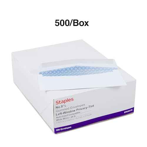 Staples 918179 Left Window Security-Tint Gummed Check-Size #8-5/8 Envelopes 500/Box