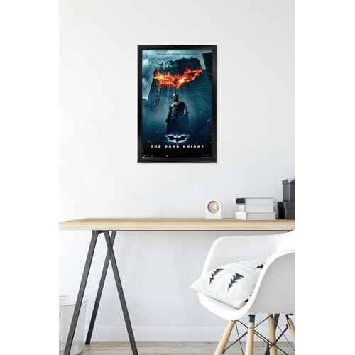 Trends International DC Comics Movie - The Dark Knight - Batman Logo on Fire One Sheet Wall Poster, 14.725" x 22.375", Black Framed Version
