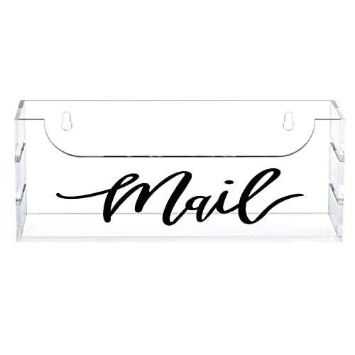MyGift Premium Clear Acrylic Mail Holder with Decorative Black Cursive Mail Label, Modern Wall Mounted or Tabletop Mailbox, Letter Storage Organizer Box