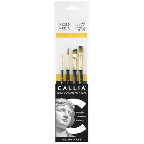 Willow Wolfe CALLIA¢â Series 1200 All Media Starter Set #100 ? 4-Piece Vegan Synthetic Brush Set (Liner 0, Round 5, Angle 3/8¡È, Flat 10) for Acrylic, Oil & Watercolor