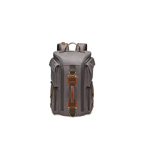 peacechaos Heavy-Duty Waxed Canvas Backpack for Men, 17 Inch Laptop Rucksack with Genuine Leather, Multi-Pocket Travel Bag for Work, Hiking, and Camping