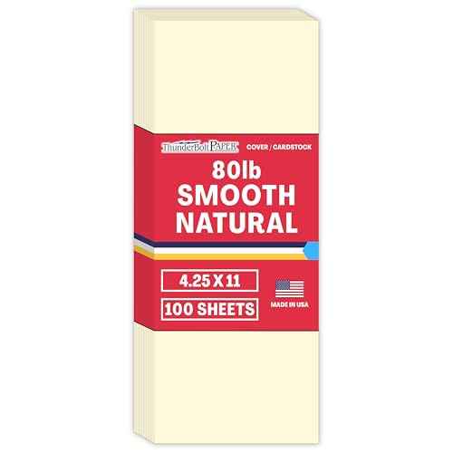 100 Natural Smooth Card Stock Sheets Paper - 4.25 X 11 Inches Half Letter Size Cut Long - 80# (80 lb/pound) Cover Weight - Quality Paper - Smooth Finish