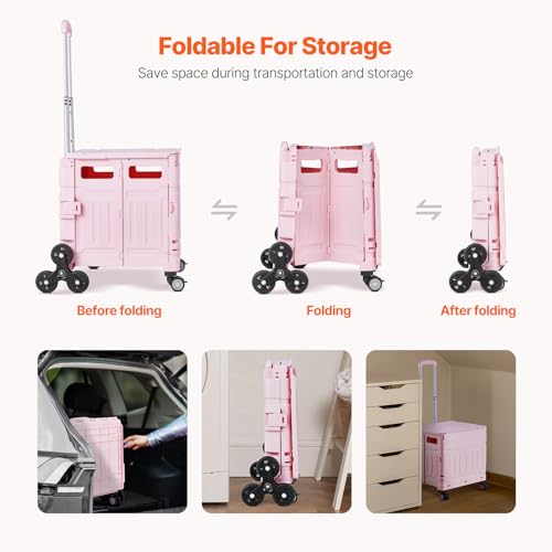 VEVOR Foldable Utility Cart, 65L Collapsible Portable Crate Rolling Cart with Stair Climbing Wheels & 360¡Æ Swivel Wheels, Hand Cart with Telescoping Handle for Shopping Office Moving Teacher, Pink