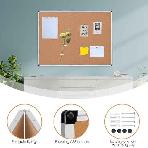 Board2by Cork Board Bulletin Board 36 x 48, Silver Aluminium Framed 4x3 Corkboard, Foldable Office Board for Wall, Large Wall Mounted Notice Pin Board with 36 Push Pins for School, Home & Office