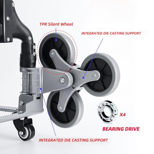 Stair Climbing Cart 180 lbs Capacity, Aluminum Portable Folding Cart with 24-41 inch Adjustable Handle Height, Stair Climbing Dolly with Universal Wheels & Elastic Ropes, for Shopping Moving Warehouse