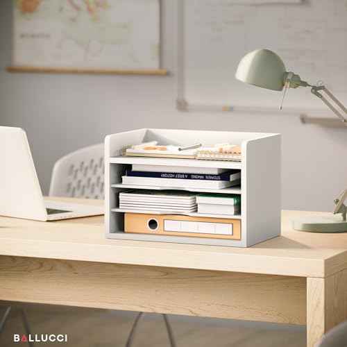 Ballucci File Organizer, 4-Tier Office Desk Organizer, Open Top Wood Paper Organizer for Classroom, Desktop Mail Sorter Paper Tray, White