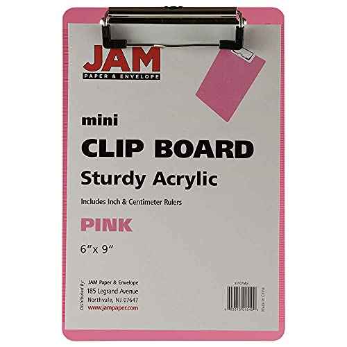 JAM PAPER Small Plastic Memo Clipboards with Low Profile Metal Clip - Mini (6 x 9) - Pink - 12 Clip Boards/Pack