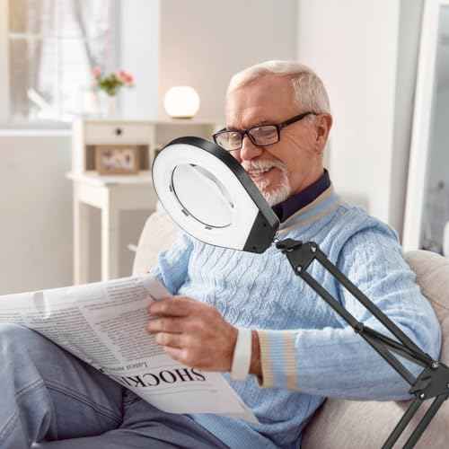 Magnifying Glass with Light and Stand & Clamp, Magnifying Desk Lamp with LED Lighted 5X Magnifier, Dual Fixtures, Upgraded Switch, for Hobby Craft Repair Reading Precision Work