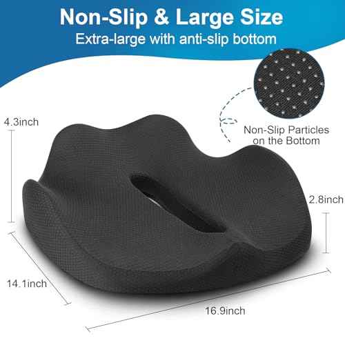 PilloVive Memory Foam Seat Cushion for Office Chairs & Car Seat - Ergonomic Office Desk Seat Cushion- Doctor Recommended for Tailbone & Sciatica Pain Relief & Back Support(Black)