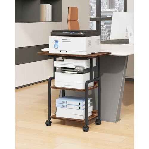 23.6-in Printer Stand with Storage, 3-Tier Printer Table for Home Office, Printer Cart Under Desk Storage, Suitable for Study, Kitchen, Living Room, Rustic Brown and Black TPS02BF