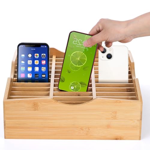 Lawei 36-Grid Bamboo Cell Phones Storage Box, Desktop Mobile Phone Holder Organizer Storage Box for Teachers Classroom School Office, Finishing Grid Multi Cell Phone Rack Display, No Assembly Required