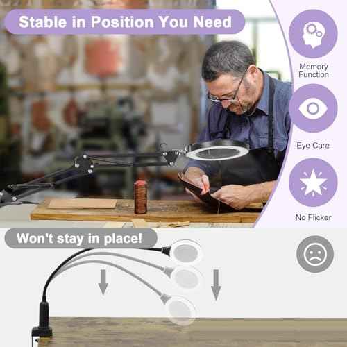 10X Magnifying Glass with Light and Clamp, Real Glass Lens, 5 Color Modes LED Dimmable Magnifier, Hands Free for Crafts, Jewelry, Painting, Sewing, Close Work