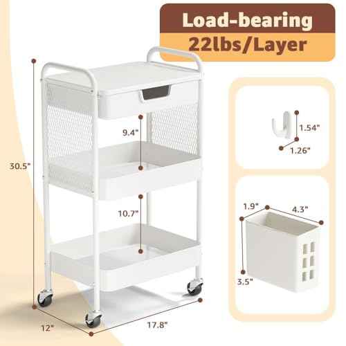 3 Tier Rolling Cart with Drawer, Metal Rolling Utility Cart on Wheels with Pegboard, Art Cart Storage Organizer with Tabletop for Living Room, Office, Bedroom (White)