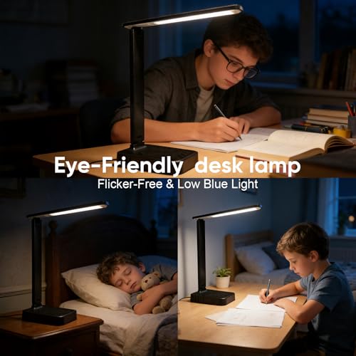 Karidi LED Desk Lamp with Power Strip, USB-C & AC Outlets, Dimmable Touch Light