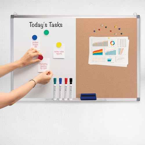 Excello Global Products Hanging Combination Board (Cork and Dry Erase) 24" x 36" w/Markers, Magnets and Pins