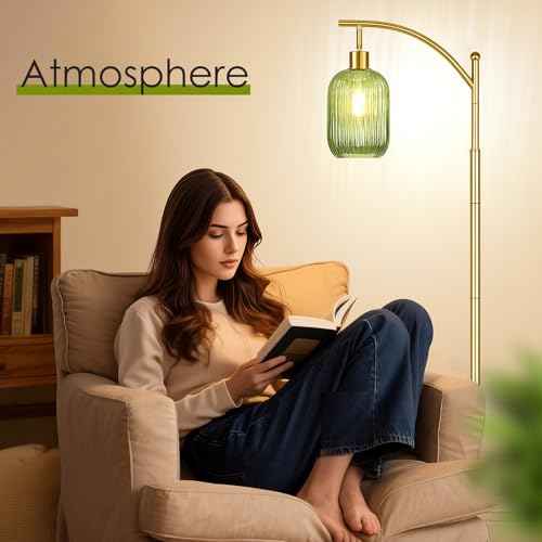 Glass Floor Lamp for Living Room, Modern Green Standing Lamp with Ribbed Glass Lampshade Pedal Switch, 67¡± Tall Lamp for Bedroom Study Room