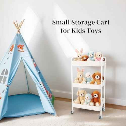 Metal 3 Tier Rolling Cart with Wheels for Kitchen Storage & Laundry Room Organization, Bedside Cart with Handle and 4 Hooks, Versatile Large Capacity Art & Craft Storage Organizer, White