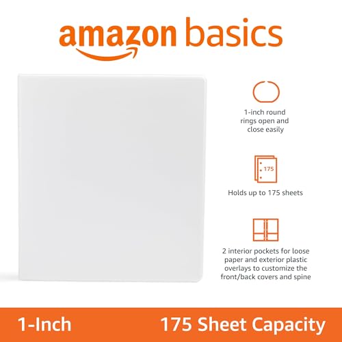 Amazon Basics 3-Ring Binder 1-Inch White with Pockets, Customizable, 1-Pack