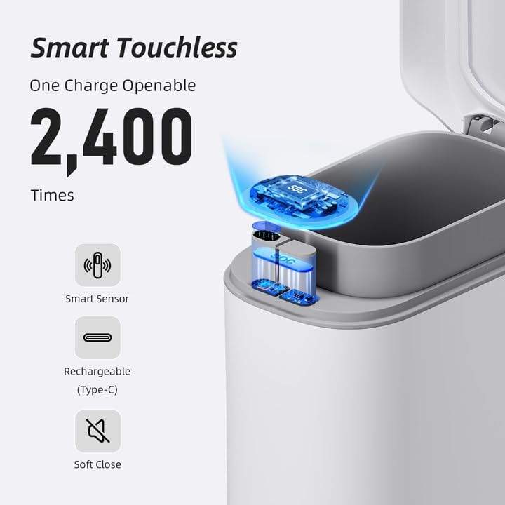 MOPALL Rechargeable Bathroom Trash Can,Motion Sensor Trash Can Automatic Touchless,White 3.5 Gallon Smart Garbage Can with Lid,Auto-Adsorption Slim Small Waste Basket for Bedroom,Bathroom,Kitchen