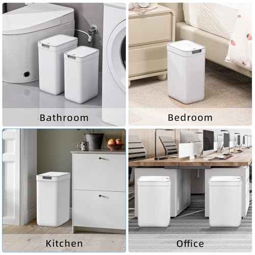 MOPALL 2 Pack Bathroom Trash Can with Lid, 3.6Gal + 2.4Gal Garbage Can with Pop-Up Lid, Small Trash Can Dog Proof, Slim Trash Bin Waste Basket for Toilet, Office, Bedroom, Living Room, Kitchen (White)
