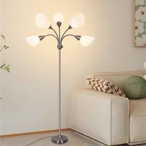 HonoDing Medusa Floor Lamps Standing Lamps 5 Heads Adjustable Reading Light Large Shade Use E26 A19 Bulb Floor Lamps for Living Room Bedroom (Satin Nickel)