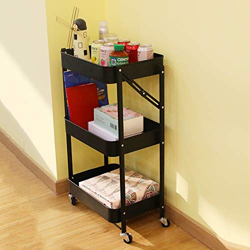 XIWODE 3 Tier Folding Metal Rolling Cart with Wheels,Black Mobile Organizer Service Cart for Kitchen Bathroom Office,No Assembly Need Trolley Shelf