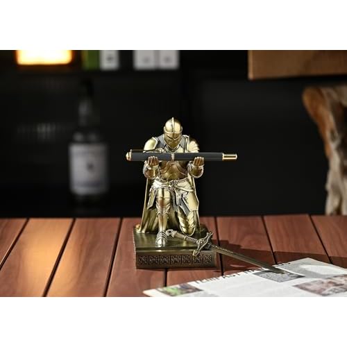 Medieval Armored Warrior Wearing Outerwear, Mobile Phone Stand Knight Pen Holder Desk Organizers, Resin Bookends Paperweight with a Letter Opener for Desk (Bronze)