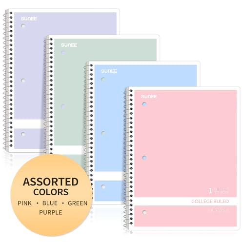 SUNEE Multicolor Spiral Notebooks 1-Subject Pastel Pack, 8x10.5in, 70 Sheets
