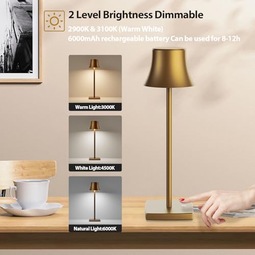 LED Desk Lamp Cordless Table Light, Rechargeable Battery Powered 3 Levels Brightness Dimmable for Outdoor Portable Restaurant Dining Patio Study Reading Desk Lamps Set of 2 Bronze