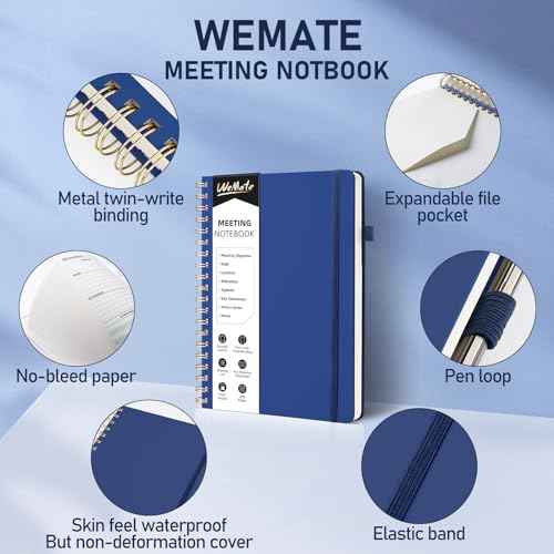 WEMATE 5 Pack Meeting Notebooks for Work£¨7"x10"£© 200 Pages, PU Leather Notebook with Action Items & Note, For Staff & Students, Meeting, Projects Planning- Black, Blue, Green, Olive Green, Dark Blue